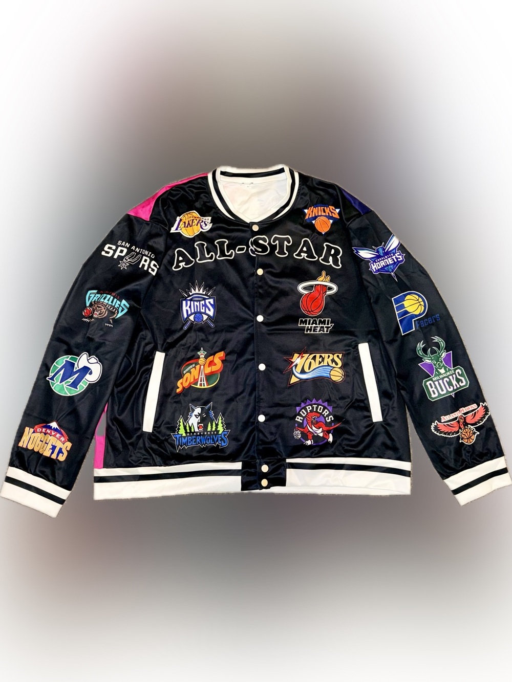Vintage 90s Style Basketball All Star MISPRINT ERRORS Logo Satin Jacket - Large